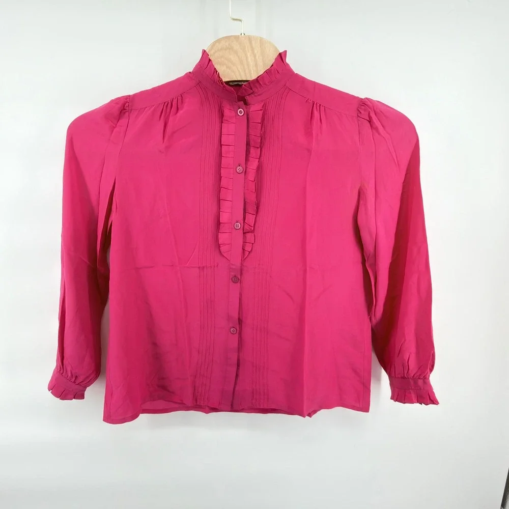 Vintage Shanghai Silk Blouse Ruffle High‎ Neck Pleated Button Front Pink Size 40